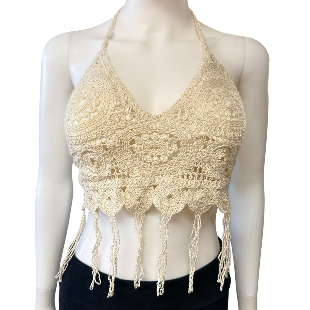Crochet Boho Halter Festival Top Fairycore Fringe Euro Summer Beachy Indie Y2KM‎
